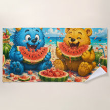 Glückliche Monsterfreunde beim Wassermelonen-Stran