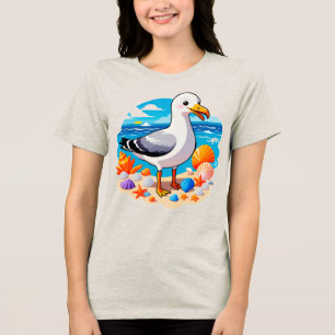 Glückliche Möwe auf Sandstrand mit farbenfrohen Me Tri-Blend Shirt