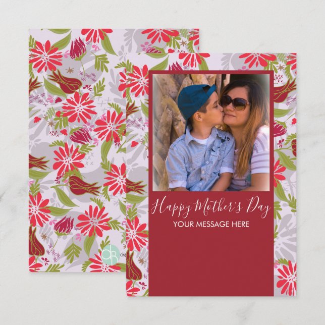 Glückliche Mutter-Tag Hand Ziehe Florals Rote Kart Karte (Vorne/Hinten)