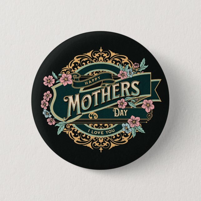 Glückliche Mutter-Tag Schwarz-Gold-Blumen-Blume Button (Vorderseite)