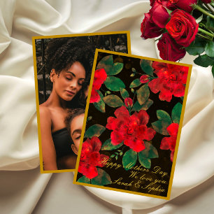 Glückliche Mutter Tag Vintage Black Gold Rote Rose Feiertagskarte