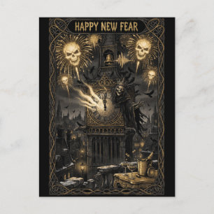 "GLÜCKLICHE NEUE ANGST" Gotischer Uhrturm Neujahr Postkarte
