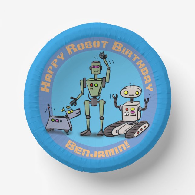 Glückliche niedliche Roboter Cartoon Geburtstag Pappteller (Vorderseite)