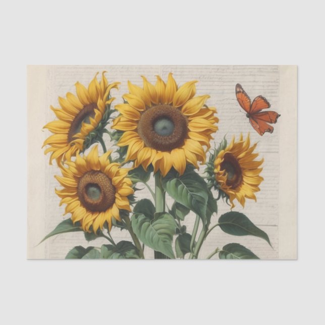 Glückliche, offene Sonnenblumen mit Schmetterling Seidenpapier (Vorderseite)
