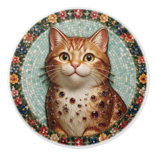 Glückliche orange getigerte Katze, florales Mosaik Keramikknauf