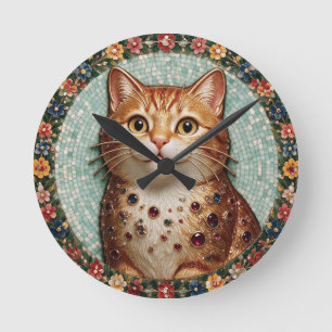 Glückliche orange getigerte Katze Florales Mosaik- Runde Wanduhr