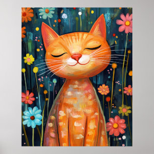Glückliche Orange Katze Whimsical Blumen Poster