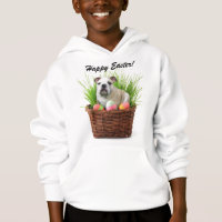 Glückliche Ostern-Bulldogge scherzt mit Kapuze