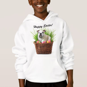 Glückliche Ostern-Bulldogge scherzt mit Kapuze Hoodie