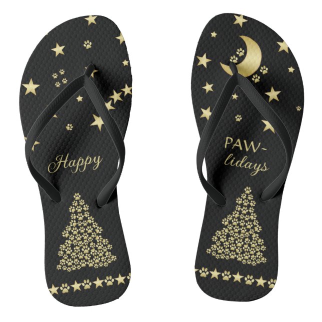 Glückliche Pawlidays, goldglänzende Paw Weihnachts Flip Flops (Fußbett)