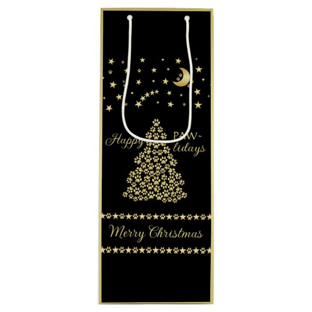Glückliche Pawlidays, goldglänzende Paw Weihnachts Geschenktüte Für Weinflaschen (Vorderseite)