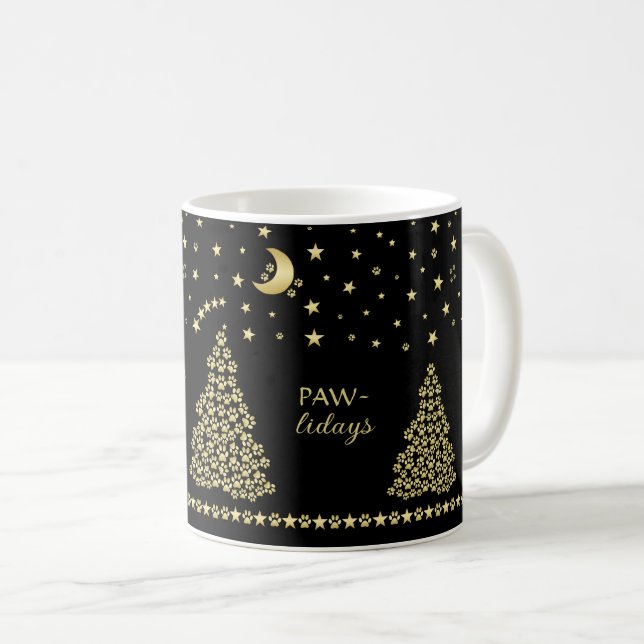 Glückliche Pawlidays, goldglänzende Paw Weihnachts Kaffeetasse (VorderseiteRechts)