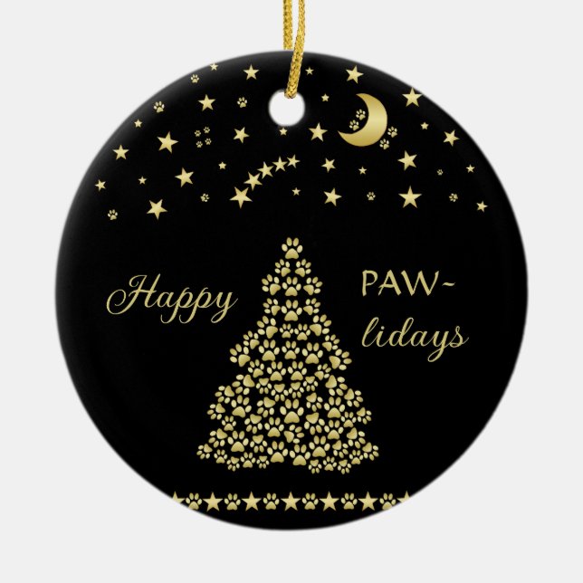 Glückliche Pawlidays, goldglänzende Paw Weihnachts Keramik Ornament (Vorne)
