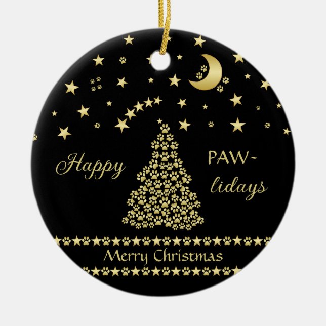 Glückliche Pawlidays, goldglänzende Paw Weihnachts Keramik Ornament (Vorne)