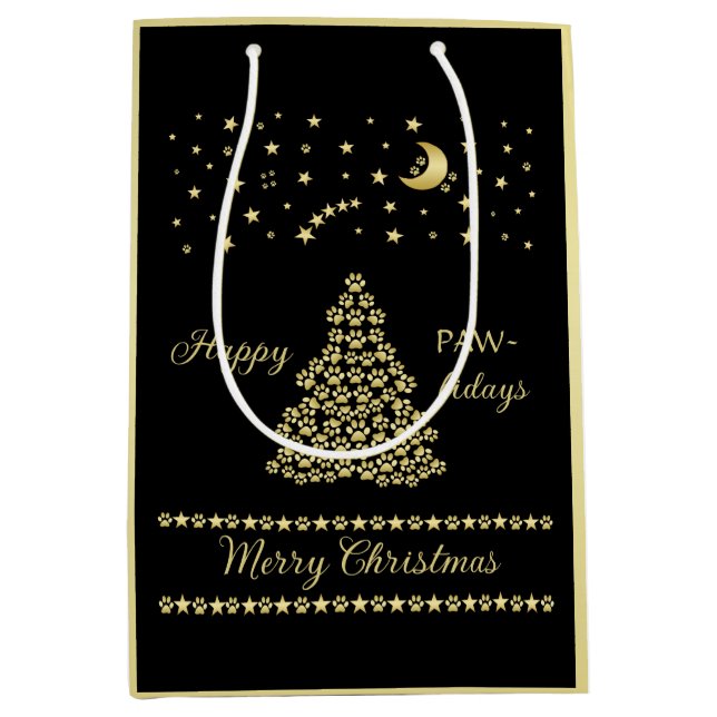 Glückliche Pawlidays, goldglänzende Paw Weihnachts Mittlere Geschenktüte (Vorderseite)