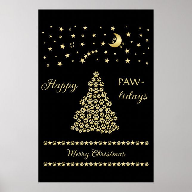 Glückliche Pawlidays, goldglänzende Paw Weihnachts Poster (Vorne)