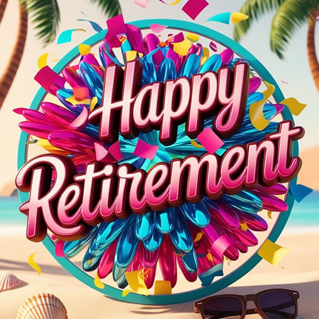 Glückliche Pensionierung Feiertagskarte (A vibrant beach scene unfolds, showcasing a colorful retirement celebration.)