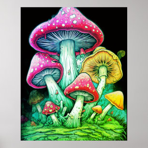 Glückliche Pilze auf schwarzem Hintergrund an eine Poster