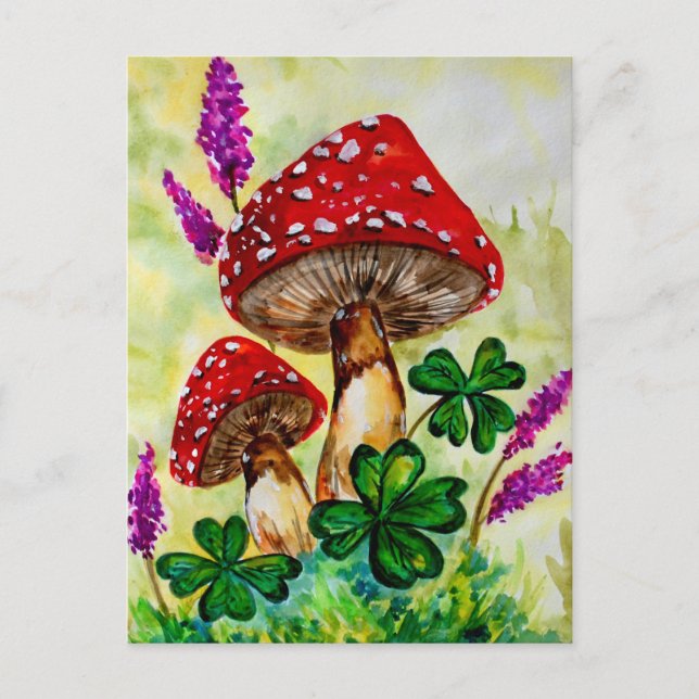 Glückliche Pilze und Lavender Postkarte (Vorderseite)