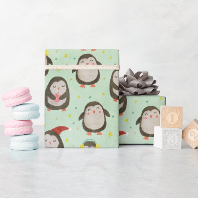 Glückliche Pinguine mit Weihnachtsmannmützen und O Geschenkpapier (Babyparty)