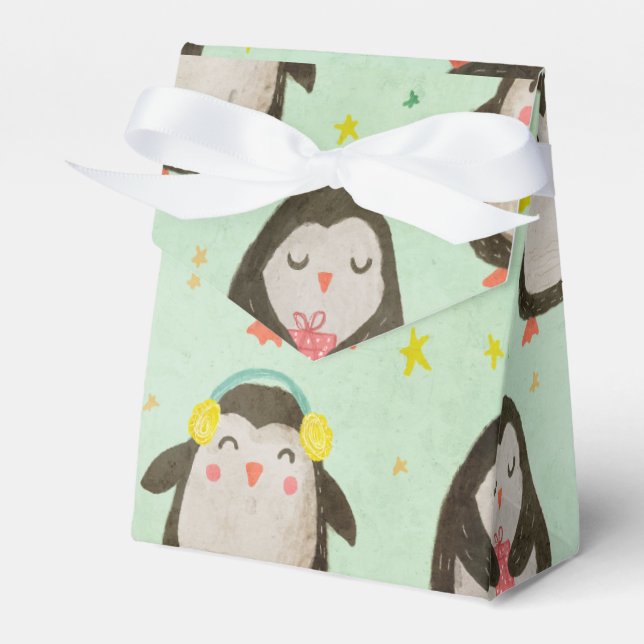 Glückliche Pinguine mit Weihnachtsmannmützen und O Geschenkschachtel (Vorderseite)