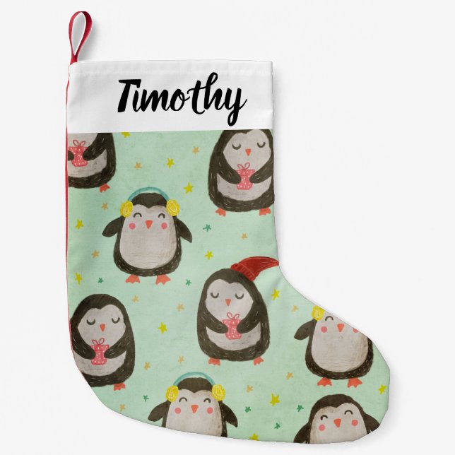 Glückliche Pinguine mit Weihnachtsmannmützen und O Kleiner Weihnachtsstrumpf (Vorderseite)