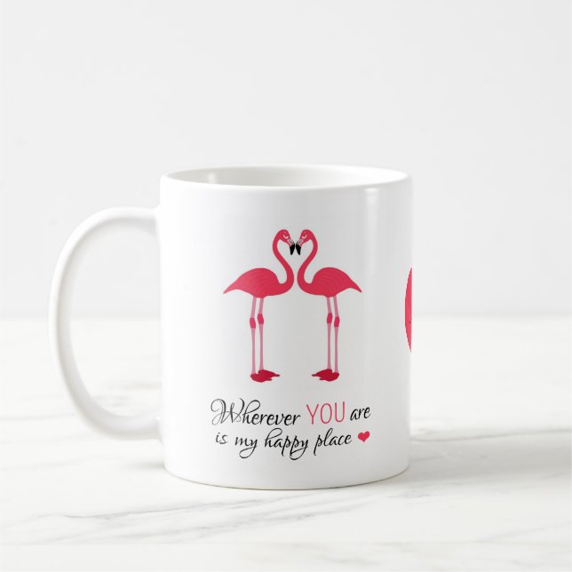 Glückliche Platz-Liebe-Vögel rosa Famingos Kaffeetasse (Links)