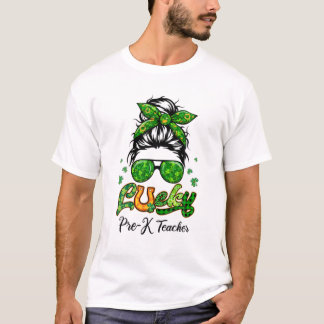 Glückliche Pre-K Lehrer Patricks Day Bun Hair Kari T-Shirt