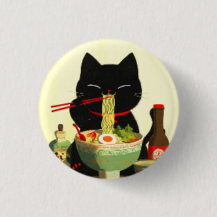 Glückliche schwarze Katze, die Ramen isst Japani Button