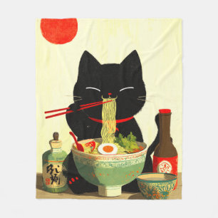 Glückliche schwarze Katze, die Ramen isst Japani Fleecedecke