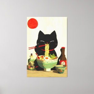 Glückliche schwarze Katze, die Ramen isst   Japani Leinwanddruck