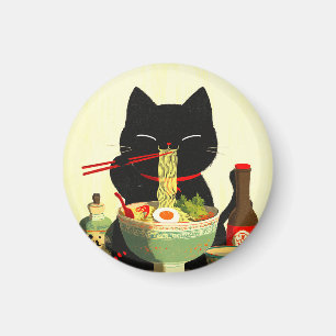 Glückliche schwarze Katze, die Ramen isst Japani Magnet