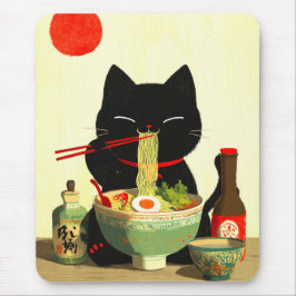 Glückliche schwarze Katze, die Ramen isst | Japani Mousepad