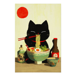 Glückliche schwarze Katze, die Ramen isst | Japani Poster