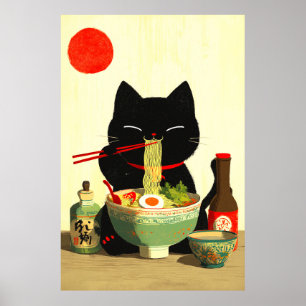Glückliche schwarze Katze, die Ramen isst   Japani Poster