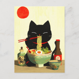 Glückliche schwarze Katze, die Ramen isst   Japani Postkarte