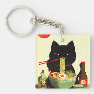 Glückliche schwarze Katze, die Ramen isst Japani Schlüsselanhänger