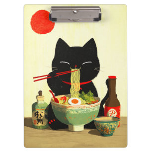 Glückliche schwarze Katze isst Ramen Japanische Klemmbrett