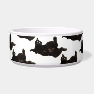 Glückliche schwarze Katze Tum ist auf Napf