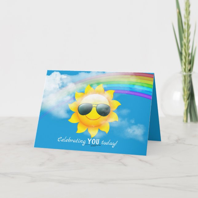 glückliche Sonne mit Sonnenbrille Geburtstag Feiertagskarte (Vorderseite)