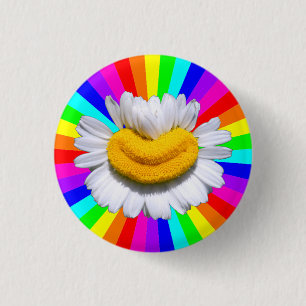 Glückliche Strahlende Kamille-Blume Lächeln Regenb Button