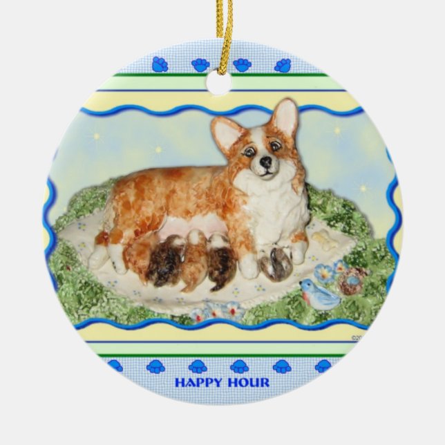 "Glückliche Stunde" Corgi-Verzierung Keramik Ornament (Vorne)
