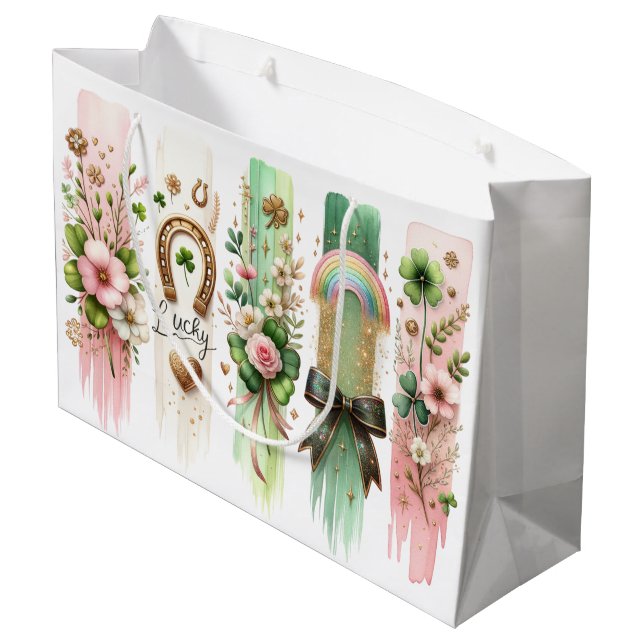 Glückliche Symbole, St. Patrick's Day Geschenktasc Große Geschenktüte (Rückseite Schrägansicht)