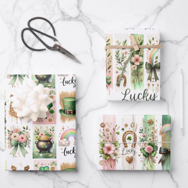 Glückliche Symbole, St. Patrick's Day Wrapping Pap Geschenkpapier Set (Vorderseite)