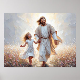 Glückliche Tage, Christliche Kunst, Jesus und Mädc Poster