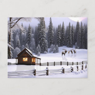 Glückliche Weihnachtsferien Hütte im Schnee Elk Feiertagspostkarte