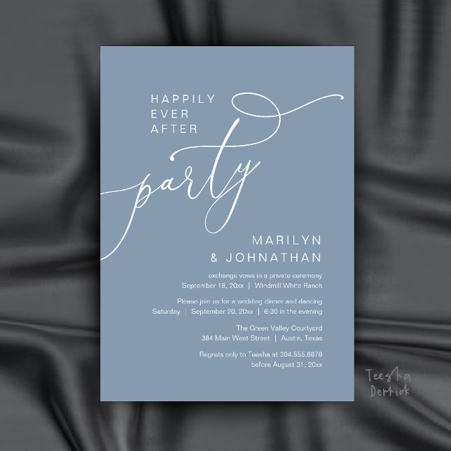 Glückliche Zeit nach der Party, Moderne Abendempfa Einladung (Happily Ever After Party, Modern Dinner Reception Invitation Card in Dusty Blue)