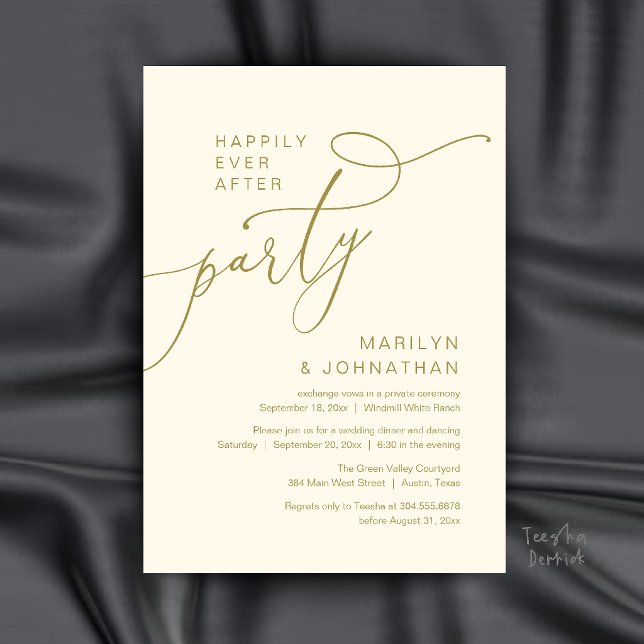 Glückliche-Zeit-Party, Moderne Abendempfang Einladung (Happily Ever After Party, Modern Dinner Reception Invitation Card in Gold and Cream)