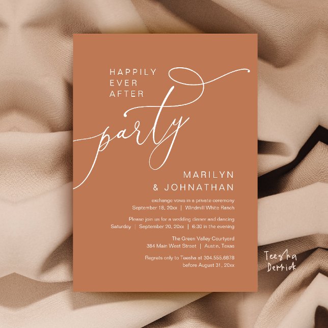 Glückliche-Zeit-Party, Moderne Abendempfang Einladung (Happily Ever After Party, Modern Dinner Reception Invitation Card in Copper Terracotta)