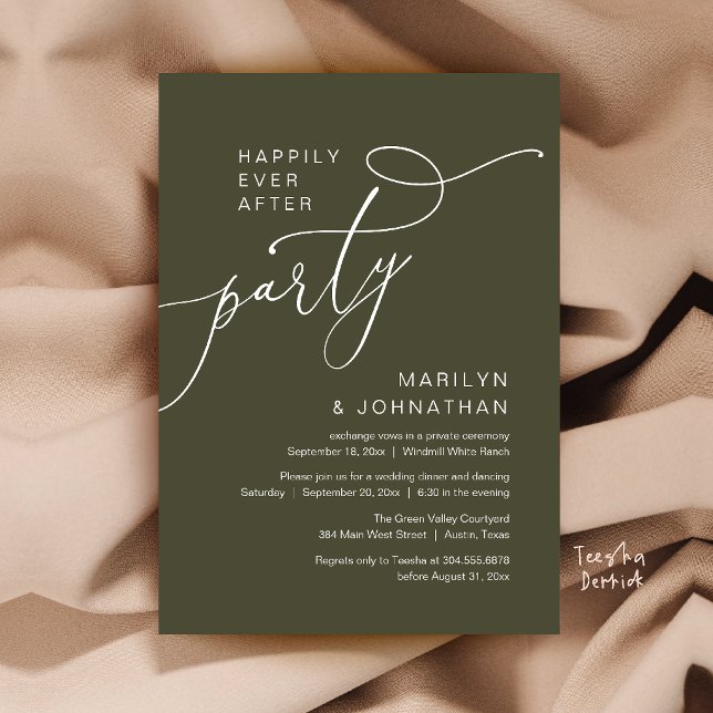 Glückliche-Zeit-Party, Moderne Abendempfangsfeier Einladung (Happily Ever After Party, Modern Dinner Reception Invitation Card in Olive Green)